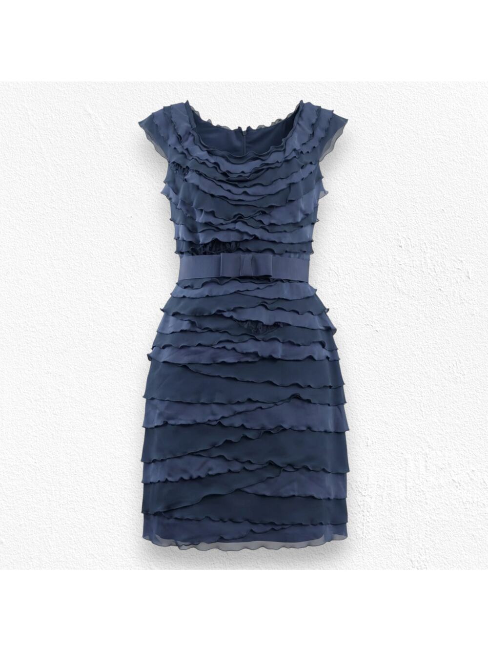 Tadashi Shoji Navy Chiffon Ruffle Tier Cap Sleeve Party Cocktail Dress Size 16